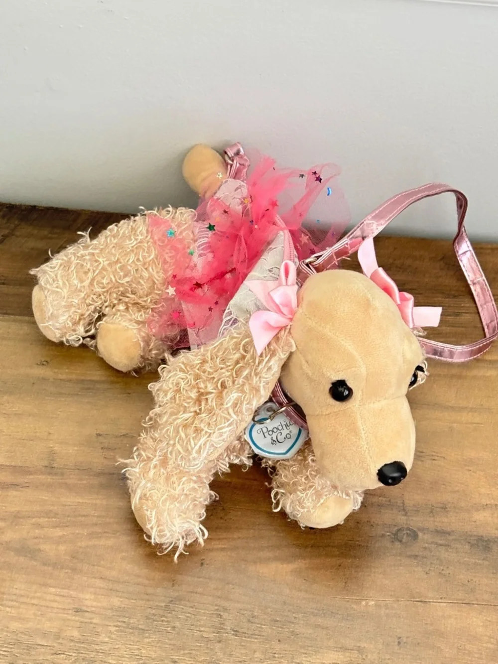 Poochie & Co Girls Puppy Purse Bag Tan Dog Plush Pink Bow Tutu Glitter Lace Toy